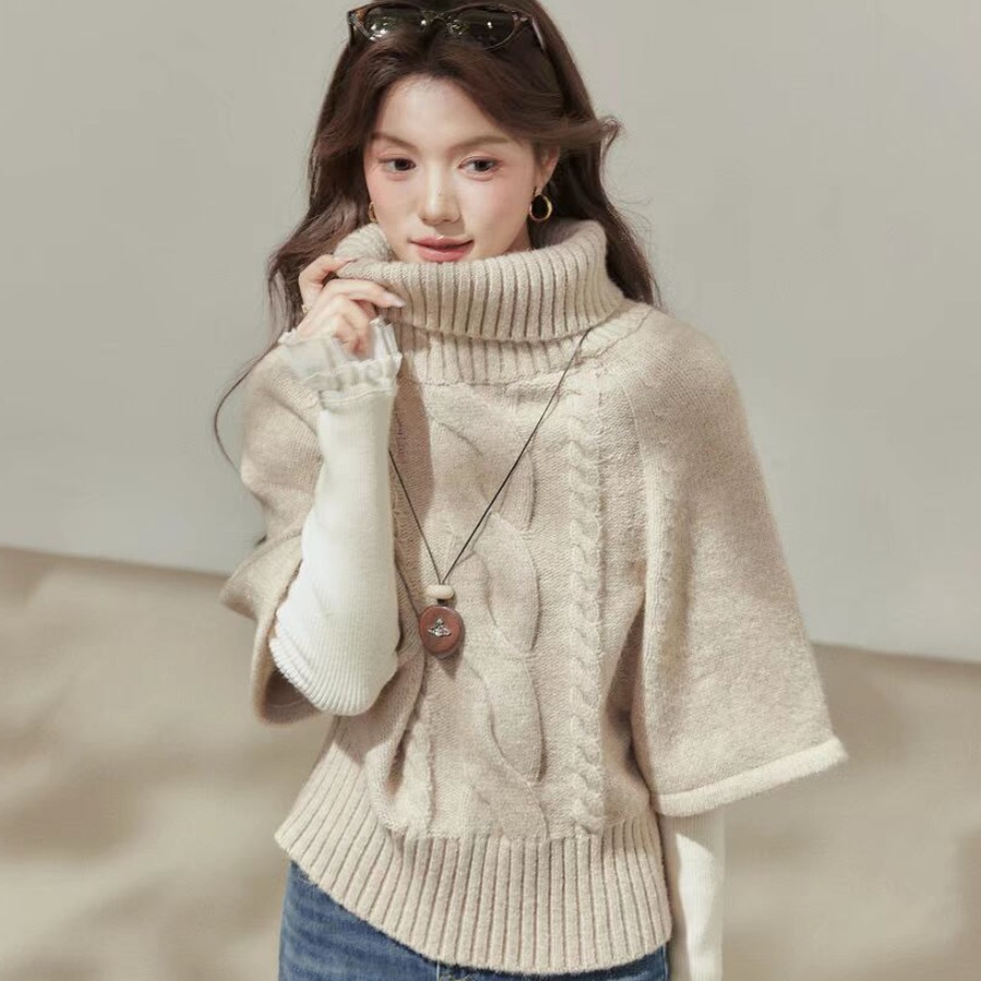 秋冬新款高领麻花披肩斗篷针织衫