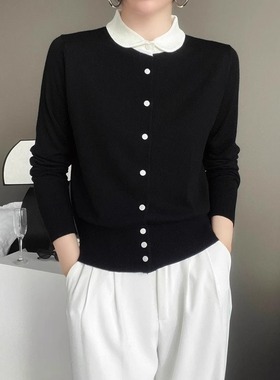 清仓特卖捡漏撤回春秋季新款小香风针织开衫女百搭拼色娃娃领上衣