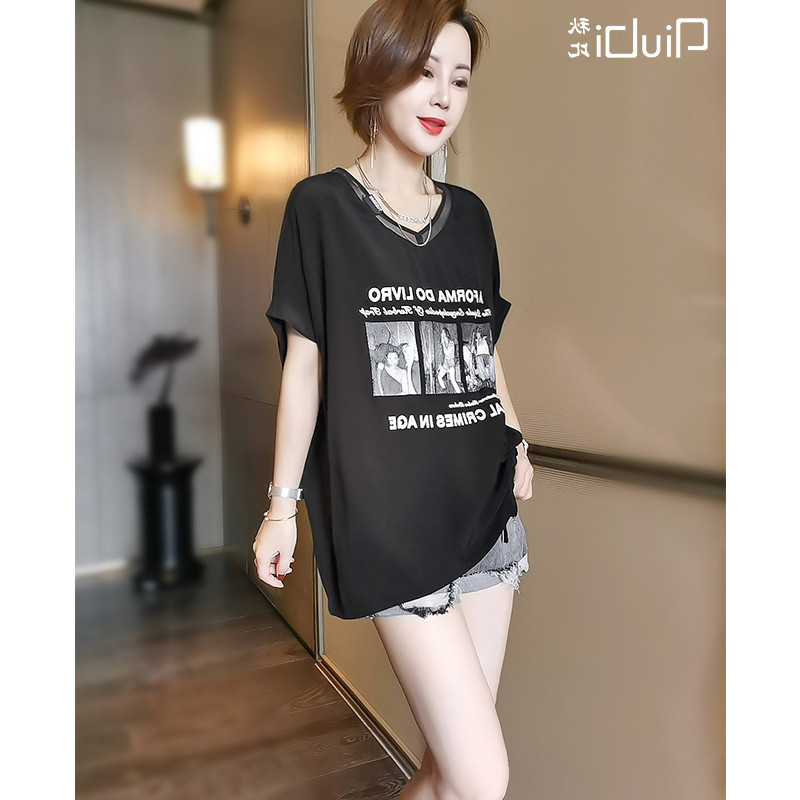 黑色雪纺衫女短袖时尚洋气上衣