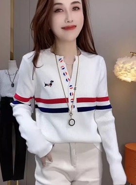 清仓捡漏外贸折扣春秋新款V领彩扣小狗拼色毛衣女时尚减龄上衣潮