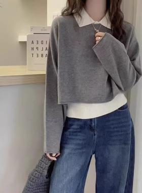 韩式翻领背心羊毛针织两件套女2025秋冬新款洋气短款叠穿灰色毛衣