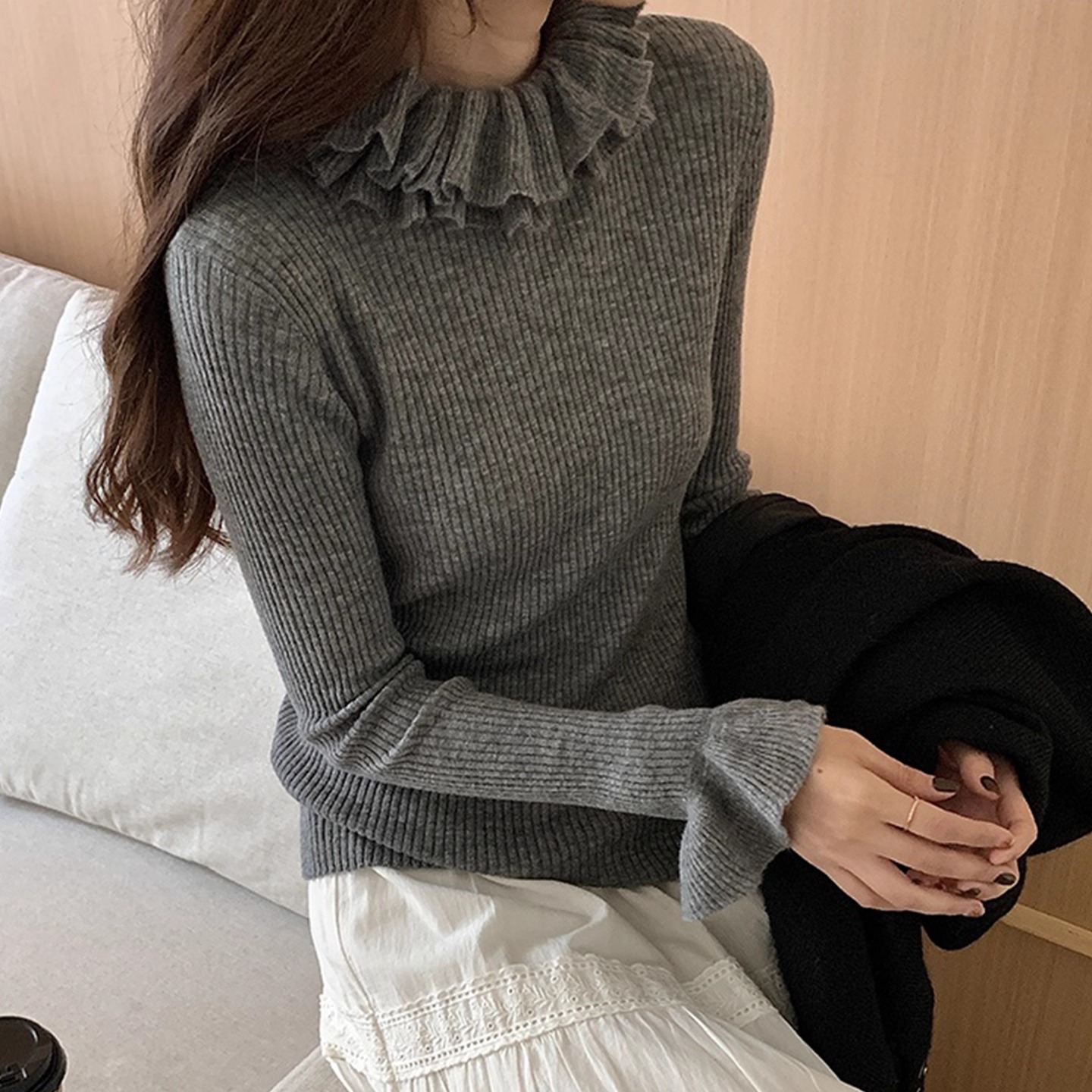 法式花瓣领羊毛打底衫女秋冬新款