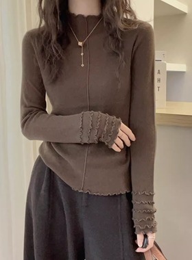 木耳边叠穿半高领羊毛针织衫女2025秋冬新款花边袖口修身打底上衣