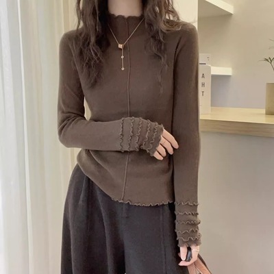 木耳边叠穿半高领羊毛针织衫女