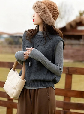 通勤风灰色叠穿圆领针织马甲背心女秋冬新款宽松显瘦内搭外穿马甲
