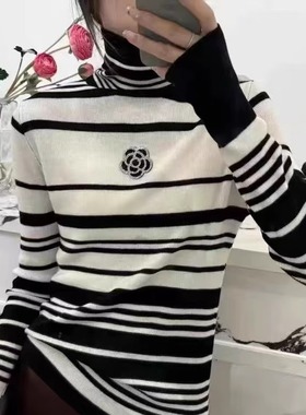 高级感山茶花烫钻弹力修身打底毛衣女春季新款撞色条纹高领针织衫