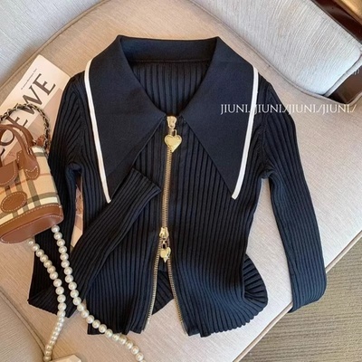 双拉链小香风长袖针织衫女