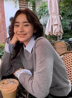 品牌折扣清仓捡漏2024春季新款衬衫领针织衫女假两件羊毛套头上衣