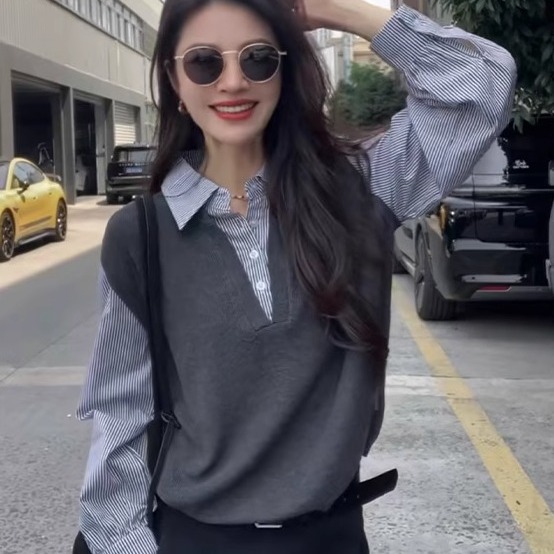 灰色针织拼接假两件长袖衬衣女