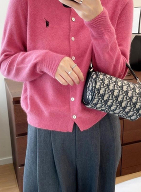 韩系小马标刺绣超细羊毛针织开衫女早秋款减龄慵懒风软糯毛衣外套