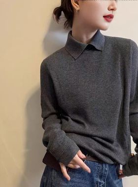 通勤风小翻领纽扣长袖羊毛针织衫女2025秋冬新款简约百搭打底毛衣