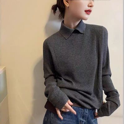 通勤风小翻领纽扣长袖羊毛针织衫