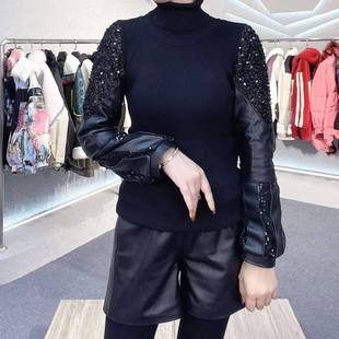 黑色内搭打底衫 针织打底衫 皮袖 女士皮小衫 女冬真皮 2026秋冬女新款