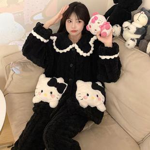 凯蒂猫秋冬季珊瑚绒睡衣女保暖卡通加厚加绒家居服套装冬天外穿