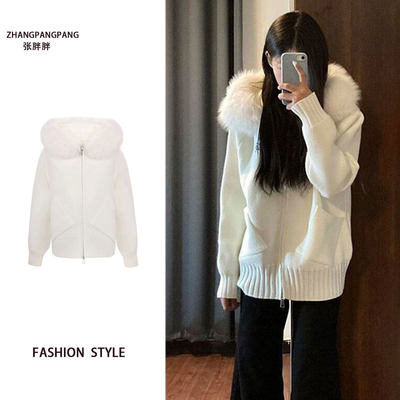 大码白色毛领连帽双拉链