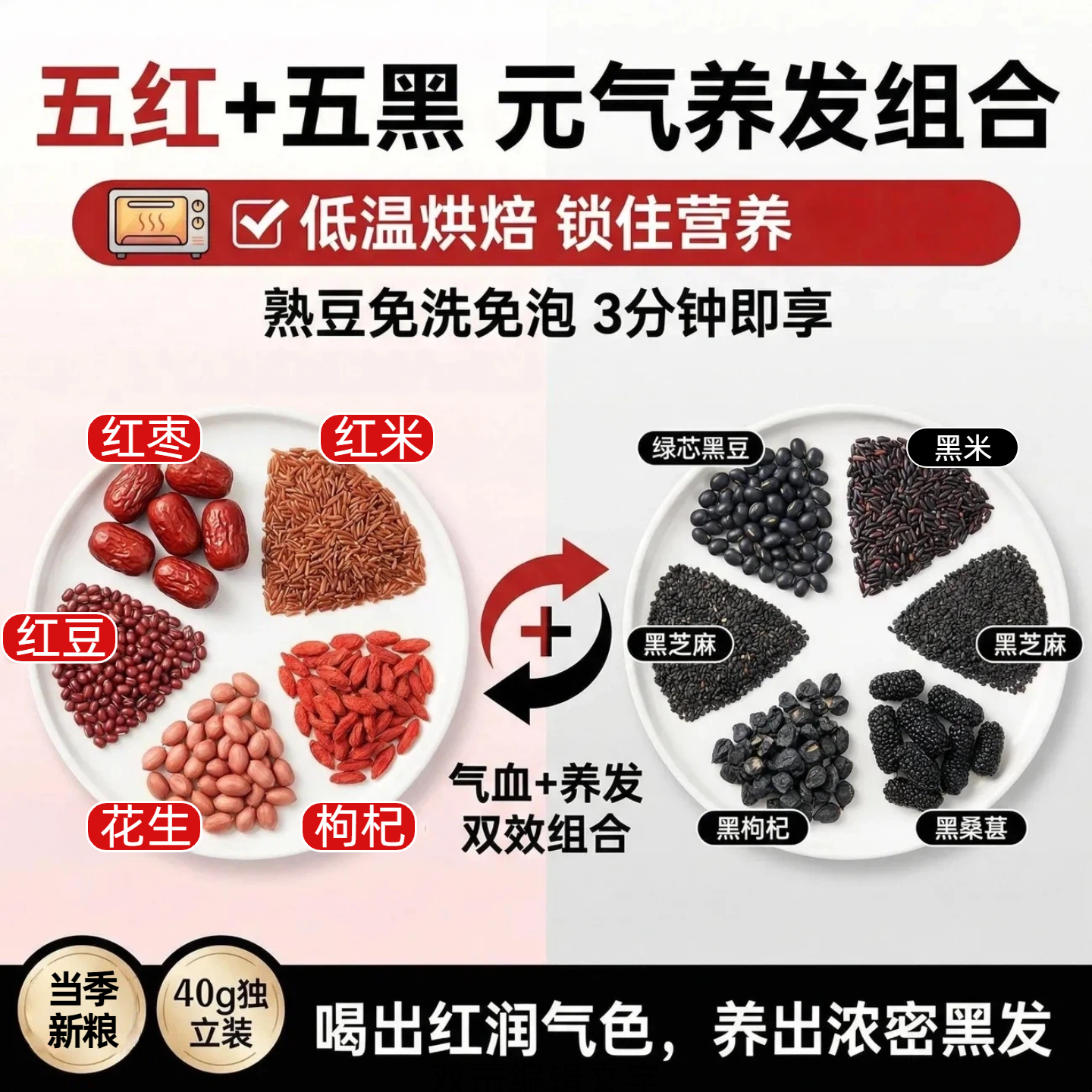 【早红晚黑】五红五黑豆浆原料熟豆免泡破壁机食材滋补养生豆浆
