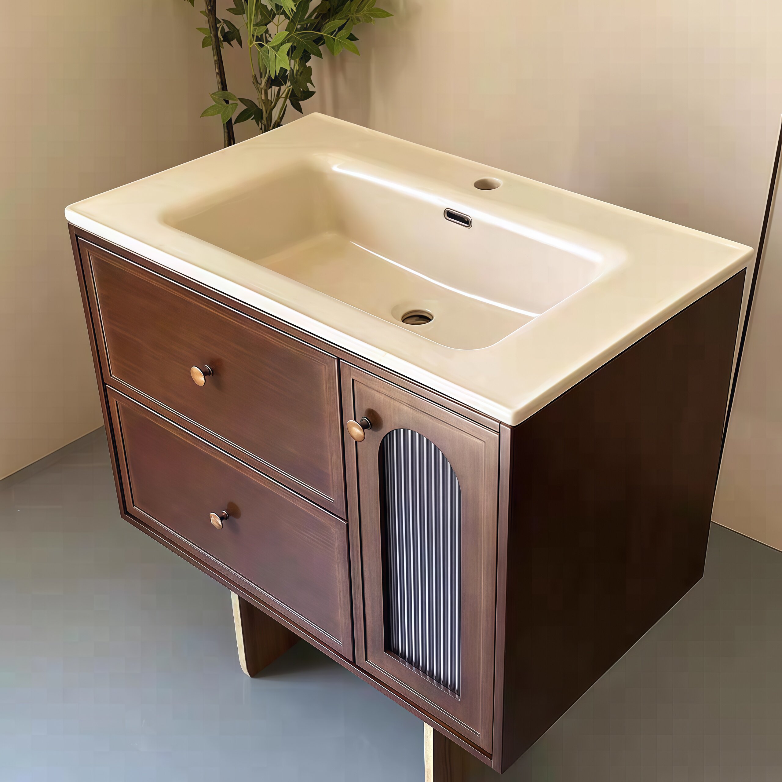 中古风橡木烤漆复古风浴室柜图片