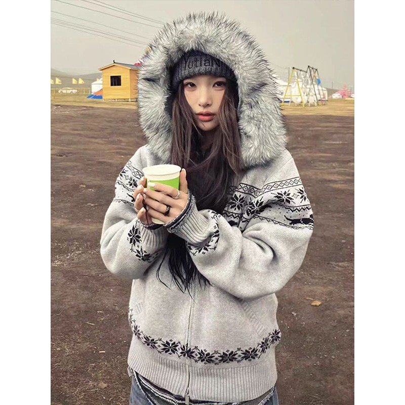 美式复古费尔岛提花连帽长袖毛衣