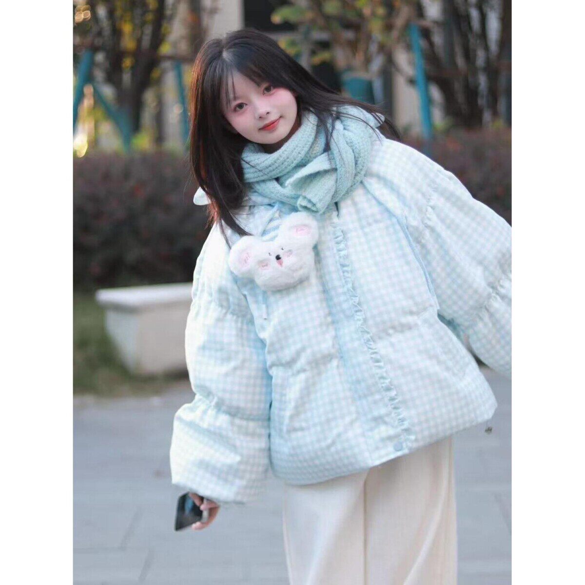 学院风蓝白色格纹连帽外套棉服女冬季新款学生百搭宽松保暖面包服