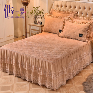 水晶绒秋冬加厚夹棉床裙单件蕾丝加棉1.5床罩套1.8m珊瑚绒法兰绒