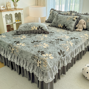 韩式 蕾丝床裙花边 加绒床盖三件套加厚牛奶绒夹棉床单单件保暖冬款