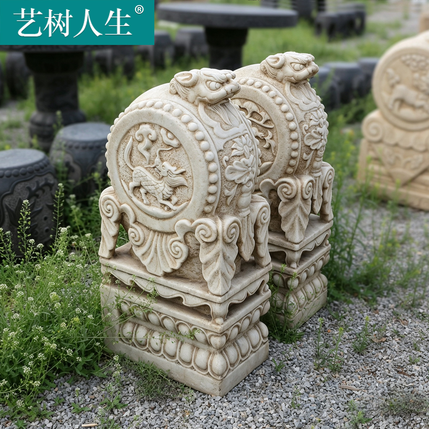 中式汉白玉狮子抱鼓石门墩一对图片