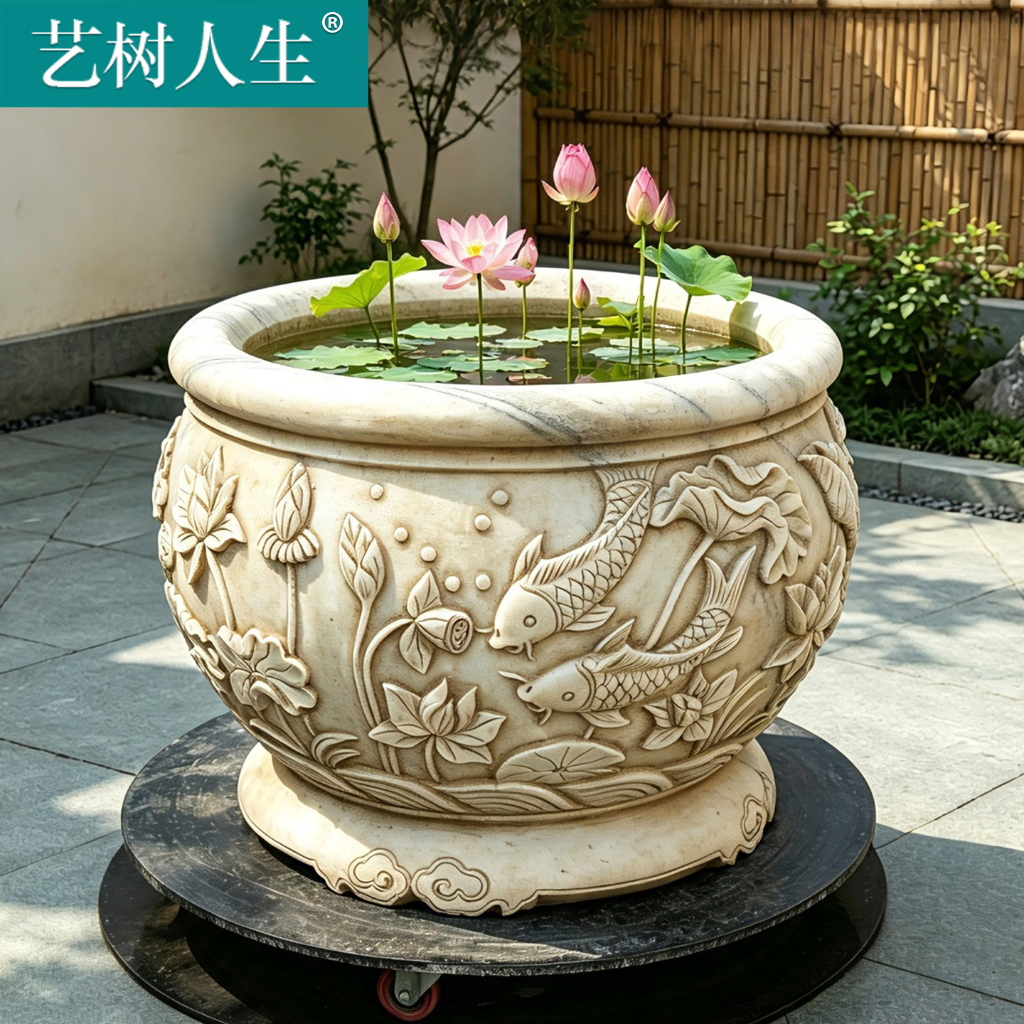 汉白玉仿古中式石雕荷花鱼缸图片
