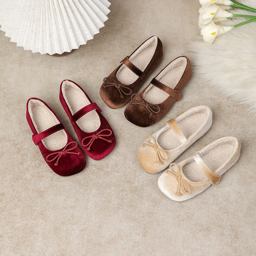 丝绒女童皮鞋加绒保暖公主豆豆鞋