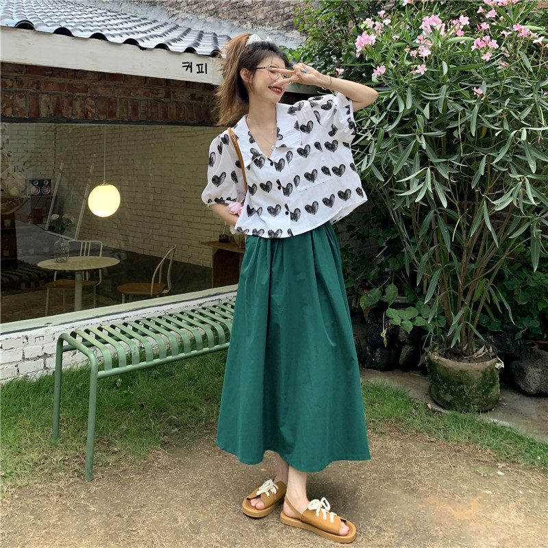 Real price real shot French bubble sleeve design feeling love short sleeve top two piece set