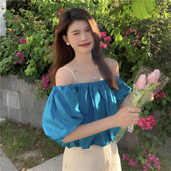 Real price real shot Vintage small pearl Sling Shoulder short sleeve shirt