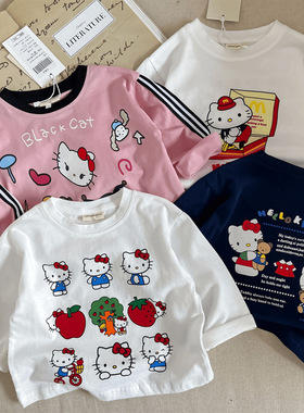 儿童T恤2024秋新款男女童ins棉长袖T宝宝HELLO猫宽松长袖打底衫