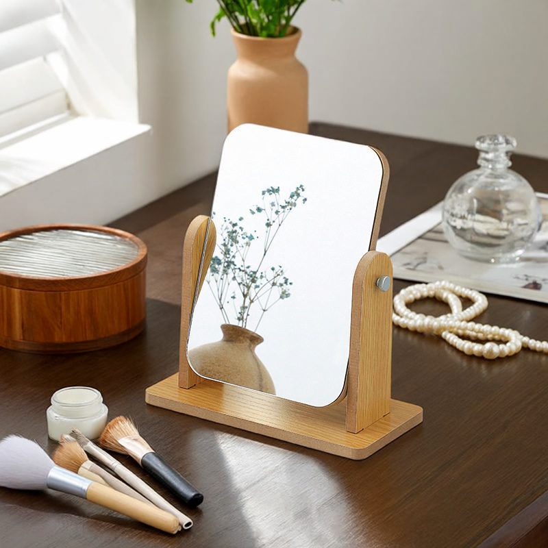 化妆镜家用卧室梳妆台镜子学生宿舍台式桌面复古木质梳妆镜