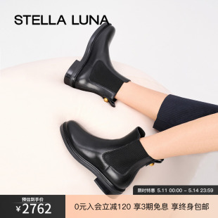 新款 STELLA 春秋季 时装 LUNA女鞋 短靴小金球牛皮圆头黑色切尔西靴