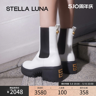 小金球短靴中粗跟牛皮黑色厚底切尔西靴 春秋新款 LUNA女鞋 STELLA