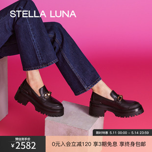 STELLA 春夏新款 LUNA女鞋 单鞋 饰扣牛皮黑色复古英伦风厚底乐福鞋