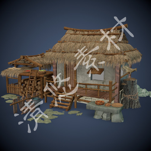 古代茅草屋农家小屋 木桶簸箕木头水缸 3dmax c4d fbx格式模型391