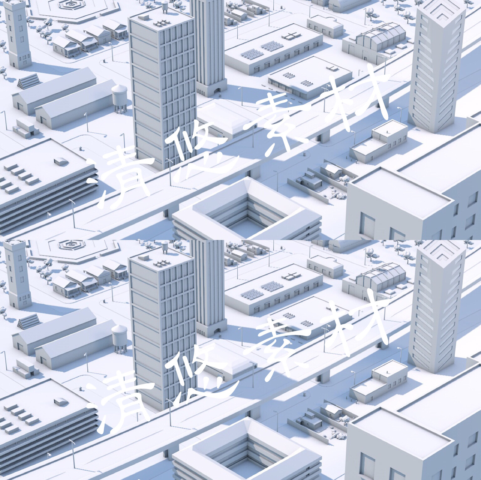 c4d fbx obj格式低面卡通城市街道大桥房屋建筑场景模型白模 a128