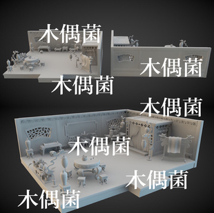 非实物C383 maya c4d fbx obj卡通古代房间桌椅床灯室内模型文件