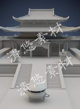 maya c4d fbx obj格式模型古建筑房子寺院香炉台阶场景非实物A273