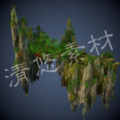 奇幻游戏悬空场景模型3dmax c4d fbx格式简模花草树木岩石山体492