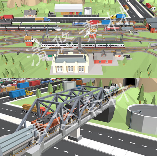 unity maya c4d fbx场景模型卡通列车火车站车辆高架桥房子 979