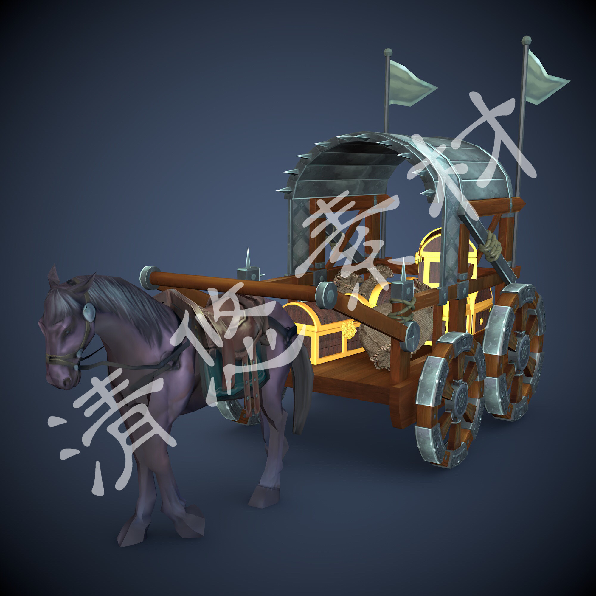 古代马车战车3dmax c4d 运镖车fbx格式模型 绑定动画战国马车 474