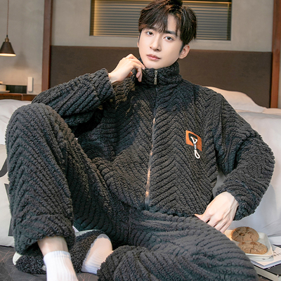 圆咖秋冬季男士法兰绒拉链睡衣