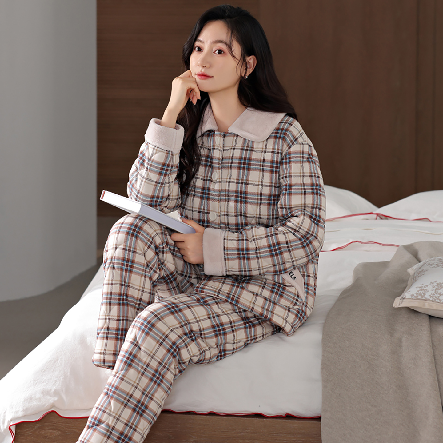 圆咖冬季三层夹棉睡衣女士开衫