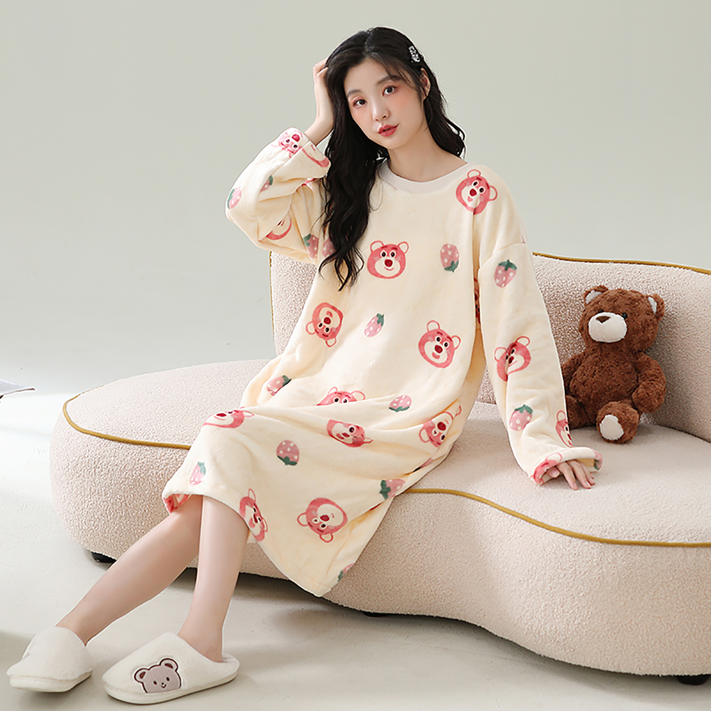 润微冬季法兰绒睡裙女士加绒加厚