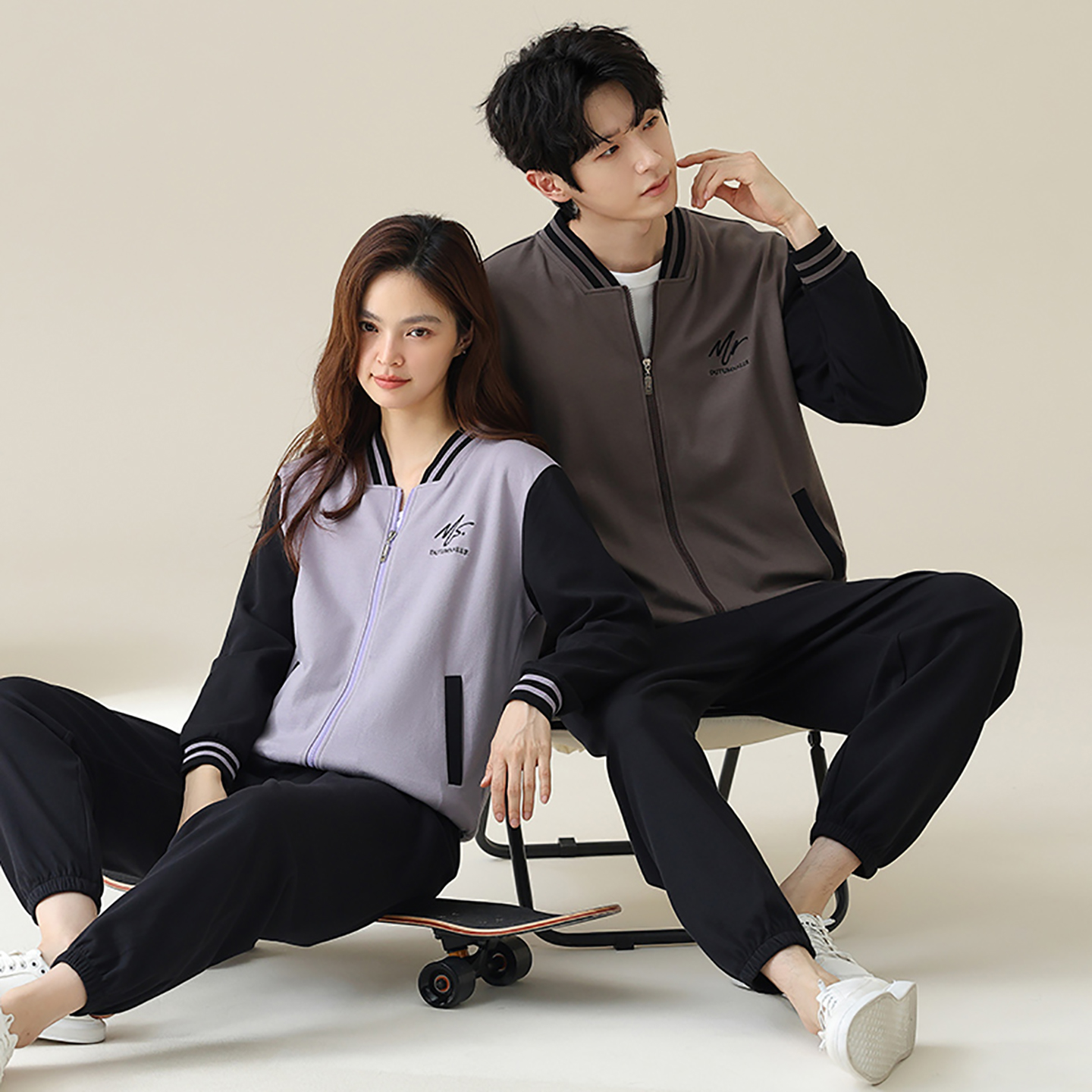 圆咖春秋季情侣睡衣套装纯棉拉架开衫运动风休闲男女简约家居服