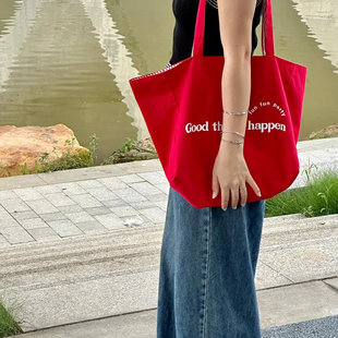 2025新款双面大容量帆布包女韩系红色包包慵懒风通勤单肩托特包