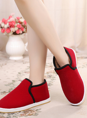 秋冬款女款红色反季清仓二棉鞋女冬加绒保暖一脚蹬百搭防寒工作鞋