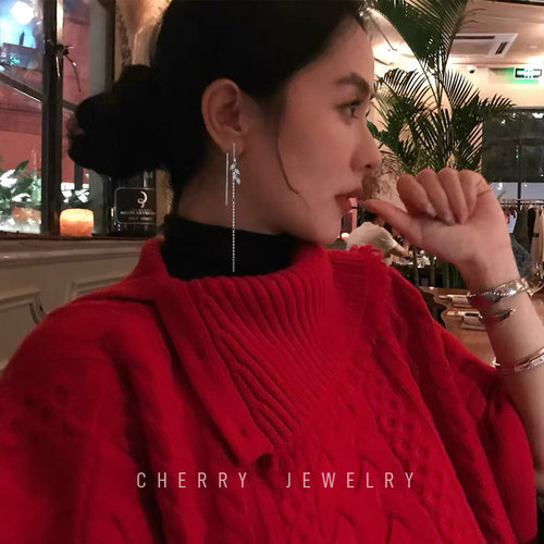 树叶闪钻耳线气质韩系甜美清新