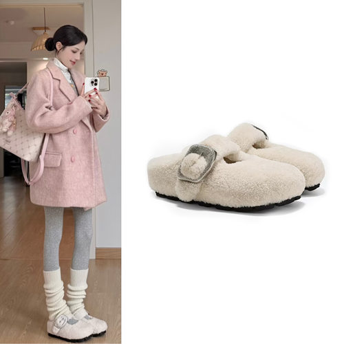 露思同款毛毛拖包头半拖鞋羊羔毛外穿厚底懒人加绒保暖棉鞋勃肯鞋